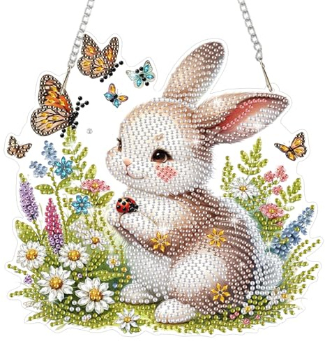 HEIBAGO Oster Hase Diamond Painting Anhänger Erwachsene, 5D Diamond Painting Fensterbilder Tiere mit Kette,DIY Besonders Geformt Blumen Kristall Diamond Art Hängend Edelstein Kunst für Wanddekor