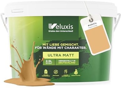 Veluxis® Pintura de pared naranja para interiores - 2,5 litros y opacidad clase 1, sin vetas, antigoteo y ecológica, sin COV - (Happy Honey)
