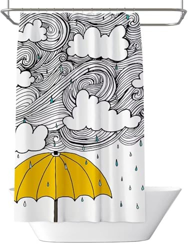 Cortina de Ducha Antimoho Nubes Blancas y Negras Cortinas de Baño de Poliéster Impermeable Cortina Ducha 200x200 cm, Paraguas Amarillo Shower Curtain Secado Rápido Lavable con Ganchos (LB1352)