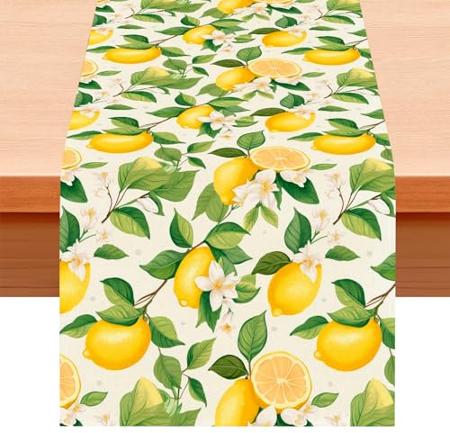 Tischläufer Zitrone Gelb Sommer Deko für Esstisch Küche 180x40 cm Zitronen Deko Modern Saisonale Tischdekoration für Drinnen Draußen Party Urlaub Dekostoff Zitrone