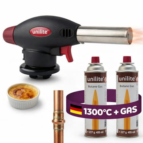UNILITE Gasbrenner Set 1300°C 1300 W inkl. 2x Gaskartuschen | Butangasbrenner, Lötbrenner, Lötlampe und Küchenbrenner für Flambieren, Creme Brulee, Grill, Camping und Hartlöten