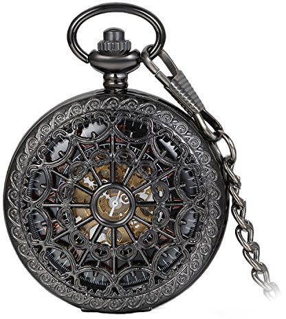 Avaner Unisex Antike Taschenuhr Analog Handaufzugwerk Retro Steampunk mit Kette Schwarz Avaner01P-001
