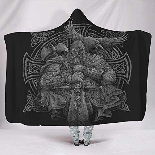 Super Weich Mit Kapuze Decken Coole keltische Odin Krieger Schwert Axt Rabe Knoten Kunstwerk Wikinger Helm Geist Druck Warmer Winter Sherpa Fleece Abstrakt Fernsehdecke Faulenzen 130x150cm