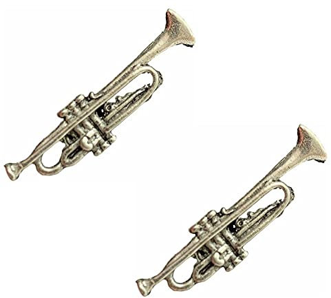 2 x Trompete (Musik), handgefertigt aus englischem Zinn, Anstecker und Geschenkbeutel + 59 mm Anstecknadel, Approx size of Badge = 30 mm x 08 mm, Hartzinn