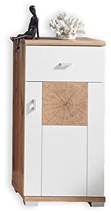 SPALT Badezimmer Kommode in Wildeiche Optik, Weiß matt - Badezimmerschrank Bad Schrank mit viel Stauraum - 38 x 80 x 30 cm (B/H/T)