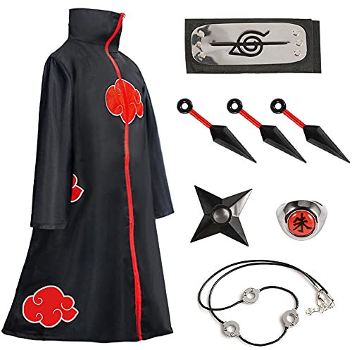 Amycute Costume Akatsuki Itachi Cape Cosplay Deguisement Akatsuki Uchiha Itachi Bandeau Bague Collier Ninja Accessoires Anime Carnaval Halloween Noël pour Adulte Enfant (S)