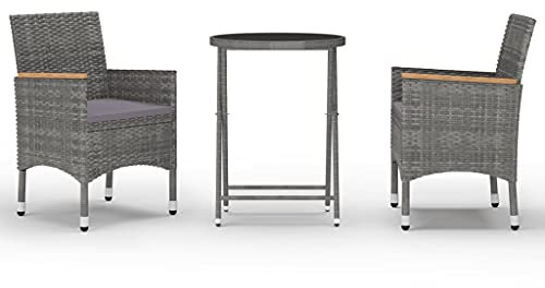 YITHOPI 3-TLG. Bistro-Set Poly Rattan und Hartglas Grau mit Klappbarer runder Glastisch, für Balkon drinnen und draußen,Terrasse, Garten, Balkon, Pool