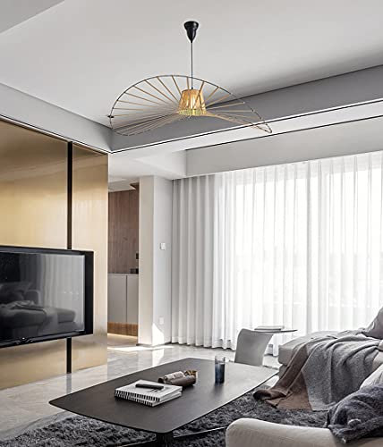 GLZXMQBP Vertigo Lampe Braun 120cm Retro Pendelleuchte Modern LED Hängeleuchte Vintage Wohnzimmer Kronleuchter (Licht Höhenverstellbar) Hängelampe Fiberglas Hut Design + E27 Fiber Stoff