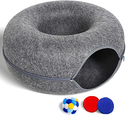 Large Cat Tunnel Bed for Indoor Cats with 3 Toys, Scratch Resistant Donut Cat Bed, Up to 30 Lbs (L 24x24x11, Dark Grey)