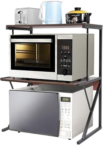 3 Tiers Microwave Oven Shelf Stand Kitchen Unit Spice Storage Rack for Countertop, Home Office Desktop Printer Shelving Rack Free Standing Metal Frame with Wood Tabletop