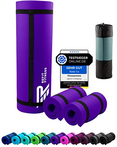 NBR Fitnessmatte Yogamatte 190 x 60 x 1.0 + 2 Fitness Pads 25 x 61 x 1,5 cm Violett Sportmatte Gymnastikmatte Trainingsmatte rutschfest Matte Mat Sport Yoga Kniekissen Kniematte Gymnastik Tragegurt