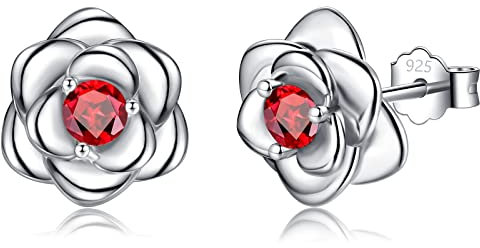 Klein Rose Ohrstecker Silber 925 für Damen Mädchen, Silber Rose Ohrringe mit rot Zirkonia Zierliche Knorpel Tragus Helix