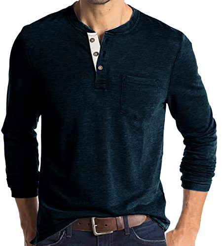 Mens Henley Shirts Long Sleeve Tops Casual Shirt Cotton Tee Crew Neck Top Basic T-Shirt Knitted Buttons Navy L