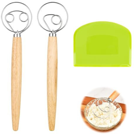 Dänischer Schneebesen Dänischer Teigbesen Eierschläger Edelstahl Brotmixer Manuelle Teigmischung mit Langem Griff Teigrührer Brotteigmischer mit Doppellöchern, Mehlschaber zum schnellen Mischen 2PCS