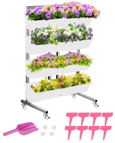 Vertikales Hochbeet mit 4 Etagen, Edelstahl Mobiler Blumenkasten Blumentreppe Pflanztreppe, Gemüsebeet Kräuterbeet Pflanzkübel Frühbeet Blumenbeet, Vertikalbeet für Garten Terrasse Balkon (Weiß)