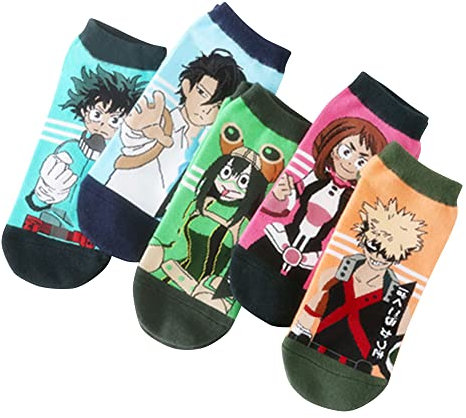 Ldruieu 5 Paar MHA Socken Bakugō Katsuki/Uraraka Ochaco/Midoriya Izuku Figur Anime Socken Cartoon Muster Baumwolle Sneakersocken Einheitsgröße Geschenk für Anime Fans