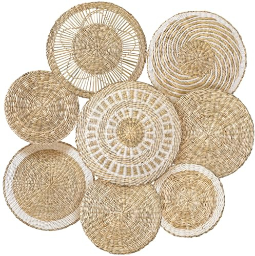 Xuhal Set mit 8 gewebten Wandkörben, handgefertigt, dekorativ, rustikal, Boho-Korb, Dekoration, handgefertigt, Weide, rund, Seegras, Wandkunst für Zuhause, Küche, Bauernhaus, Tisch, Wohnzimmer