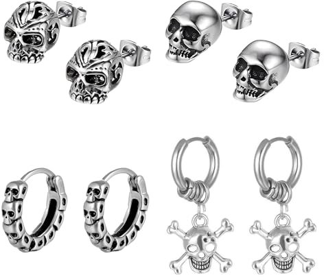 Hinvan Ohrringe Totenkopf Herren 4 Paar Set Edelstahl Hänger Silber Männer Frauen Ohrstecker Schädel Punk Gotik Hip Hop Halloween