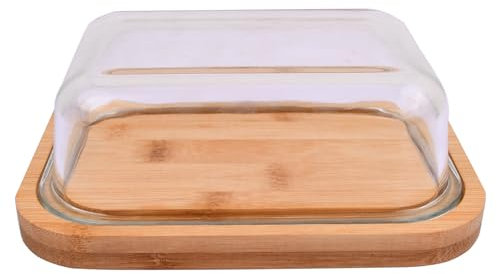 Beurrier en Verre, Boite a Beurre, Récipient à Beurre pour 250g de Beurre, Beurrier Hermétique Frigo, Butter Dish avec Couvercle en Bambou, 650ml Plat de Beurre, 18,6x14,1x6,3cm