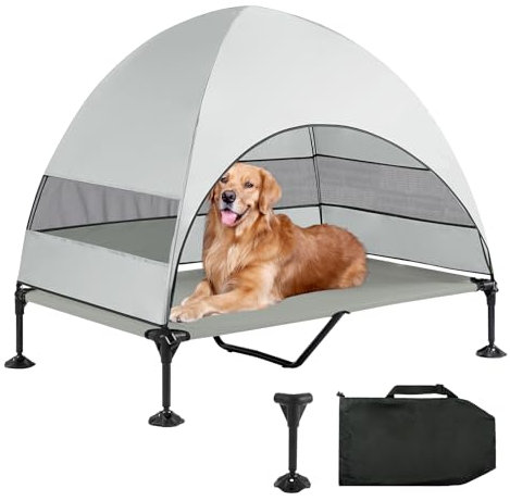 Hundeliege mit Dach,Erhöhtes Hundebett mit Stabile Anti Rutsch Füße,Breiterer Schatten Hundeliege Outdoor,Wasserfest Hundebett mit Dach Grosse Hunde Camping Indoor & Outdoor
