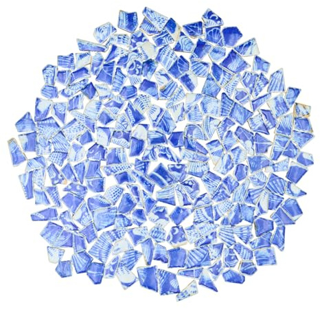 1.1 lbs Yuvori Blue and White Irregular Porcelain Mosaic Tiles, Small | DIY Handmade, Bathroom, Living Room, Kitchen Backsplash, Outdoor, 04