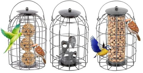ADEPTNA Heavy Duty Squirrel-Proof Caged Bird Feeder Set - 3-Pack Combo of Fat Ball, Peanut & Seed Feeders - Weatherproof, Durable Hanging Feeders for Outdoor Use - Attracts Birds Year-Round