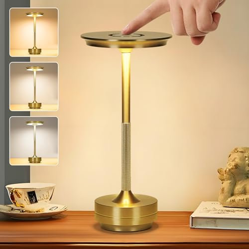VIMAZ Cordless Table Lamp,Modern Wireless LED Table Lamp Rechargeable for Indoor Outdoor,3 Color Stepless Dimming Night Light Touch Lamps,Protable Desk Lamps for Home Restaurant Patio(Gold)