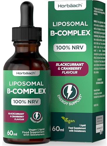 Vitamin B Complex Liquid Drops | 60mL | 100% NRV High Strength Liposomal B Complex Liquid with 8 B Vitamins | Blackcurrant & Cranberry Flavour | Vegan | by Horbaach