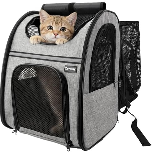 Zavothy Zaino per Cani e Gatti, Zainetto Trasportino Portatile e Pieghevole, con Finestra a Rete e Supporto Imbottito per la Schiena, Traspirante, Carico Massimo 8kg (Espandibile Grigio)