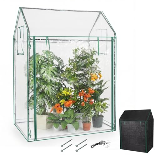 COSTWAY Serre de Jardin avec Porte et Fenêtres, Mini Serre à Tomates avec Housse Transparente en PVC Filet d'Ombrage Noir Piquets, pour Légumes Plantes, Intérieur & Extérieur (129 x 80 x 173 cm)