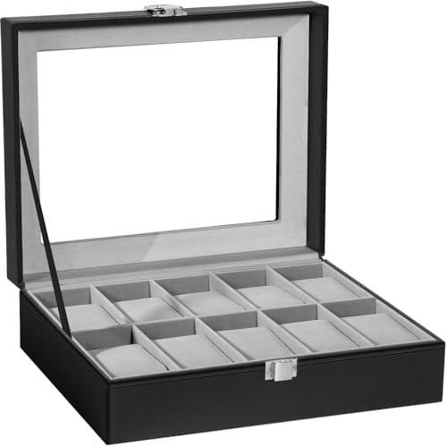 Uten Uhrenbox mit 10 Fächern, Uhrenkasten Uhren Aufbewahrungsbox aus PU Leder und Samt Innenfutter, Uhrenhalter als Geschenk