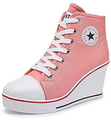 Zomiee Damen-Sneaker mit Absatz Leinenschuhe High-Top Keilabsatz Turnschuhe Plateau zum Schnüren Reißverschluss an der Seite Pumps modisch - - Größe: EU