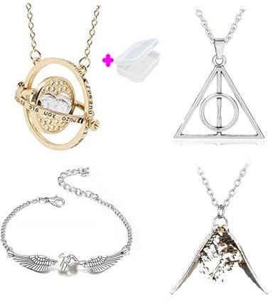 PPX 5 Stück Sanduhr Halskette 360 Grad/Eule Armband Heiligtümer des Todes/Halskette Schnatz-Snitch/Flügel lose für Fans-mit Aufbewahrungsbox