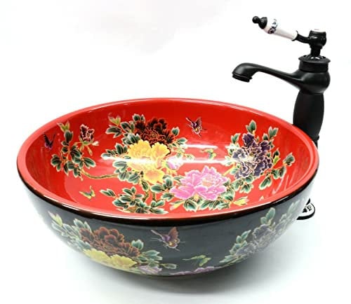 Vintage Floral Butterfly Painting Patterned Flower Leaf Round Bathroom Cloakroom Ceramic Counter Top Wash Hand Made Painted Kasbah Moroccan Mexican Basin Sink Washing Bowl 400 mm X 150 mm