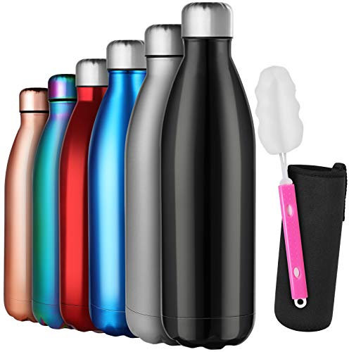 GeeRic Botella Termica,1 Litro Botella de agua acero inoxidable 1l con cepillo + bolsa portátil Soporte para botella de agua deportiva para acampar,escuela,deportes,gimnasio,Negro