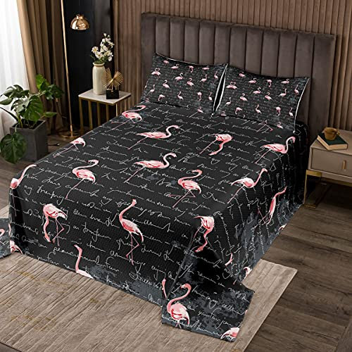 Tbrand Flamingo Tagesdecke 220x240cm Mädchen Tropisch Flamingo Muster Bettüberwurf Rosa Vogel Steppdecke für Kinder Schwarz Weiß Buchstabe Wohndecke Mit 2 Kissenbezug