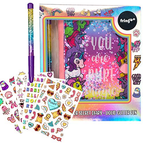 Fringoo - Glitzer Notizbücher - My Secret Diary - Notizbuch mit Schloss - Schreibbuch - A5 Tagebuch mit Herz Vorhängeschloss, Aufkleber und flüssigem Glitzer Stift - Geburtstagsgeschenk für Mädchen