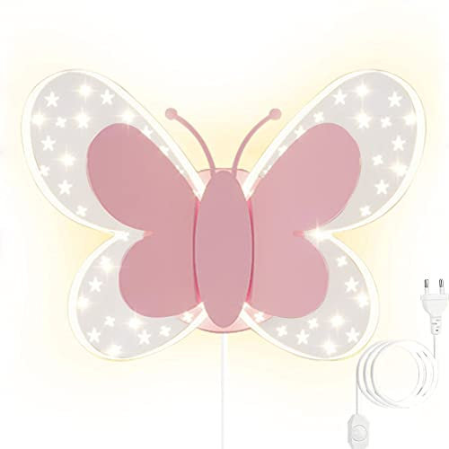 HMAKGG LED Innen Wandlampe Kinderzimmer Mädchen mit Schalter Stecker, Modern Schmetterling Wandleuchte 3 Farbtemperatur Bettleuchte Wand Cartoon für Kinder Schlafzimmer Nachttisch Korridor