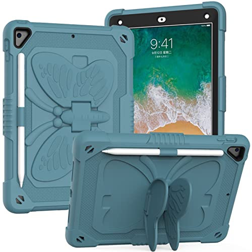 Blllue Schutzhülle für iPad Air 2/iPad 9.7 2018/iPad 9.7 2017/iPad 6./iPad 5. Hybrid-Schutzhülle, stoßfest, robust, mit Ständer, Schultergurt, Dunkelgrün