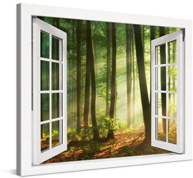 PICANOVA – Leinwandbild Schöner Sonnenaufgang Fenster 80x60cm – Premium Leinwanddruck – Wandbild Kunstdruck Auf 2cm Holz-Keilrahmen Für Schlaf- Und Wohnzimmer Wanddekoration – Kollektion Wald