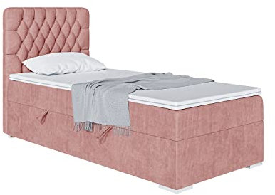 MEBLINI Boxspringbett mit Bettkasten - Gepolstert Einzelbett mit Matratze und Topper - Polsterbett mit Stauraum - Bett mit Kopfteil - Stauraumbett - Dalia - 90x200 Rechts - H4/Rosa Samt