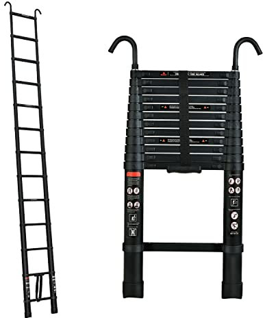 3.8M Teleskopleiter mit Haken, Rutschfester Stehleiter Leiter Ausziehbar Mehrzweckleiter aus hochwertiges Aluminium, Mehrstufiger Sicherheitsschalter, 150 kg/330 Pfund Belastbarkeit, Schwarz
