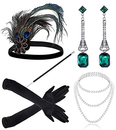 JIAJIAYI 1920s Kostüm Damen Flapper Accessoires Set 20er Jahre Halloween Kostümzubehör für Abschlussball Event Weihnachten Party der 1920s Jahre Gatsby Art Deco Flapper Party (green)