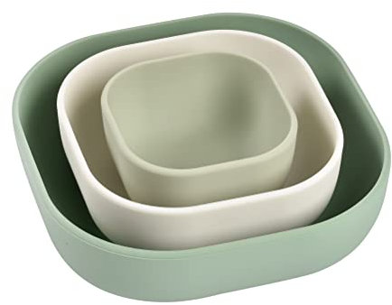 BÉABA, Juego de 3 Cuencos de Silicona, Set de Comida para Bebé, Vajilla Infantil de Silicona, Encajable, Evolutivo, Ergonómico, Material de Silicona Sano, Duradero (Verde salvia/Algodón/Verde brumoso)