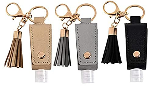 VONGLYHOO Portable Empty Travel Bottle Keychain Hand Sanitizer Bottle Holder 3 Pack 1oz 30ml Small Squeeze Bottle Refillable Containers for Toiletry Shampoo Lotion Soap Leather Case Tassel Keychain