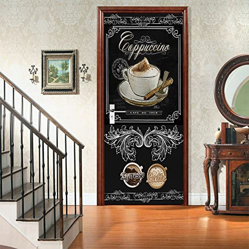 PLEETS Sticker Porte Effet 3D Cabane à café 77 x 200cm Poster de Porte, PVC Imperméable Papier Peint pour Chambre Salle de Bain Cuisine Décoration Porte Murale