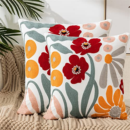 ACCZ Blumen Kissenbezüge Set mit 2 Kissenbezügen 45 x 45 cm Sommer Moderne Stickerei Dekorationskissenbezüge quadratisch weich Bauernhaus Kissenbezüge für Couch Sofa Bett