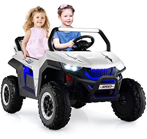 COSTWAY 2 Sitzer Kinderauto mit 2,4G Fernbedienung, 12V Kinder UTV mit Musik und Scheinwerfer, Elektro Auto 2-4 km/h, für Kinder ab 3 Jahren (Weiß)