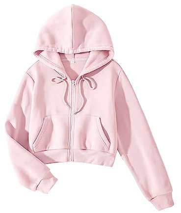 Cioatin Sweat à capuche court en polaire à fermeture éclair pour femme Y2K Automne Tendance Manches longues athlétique Entraînement Veste Pull, rose, Small