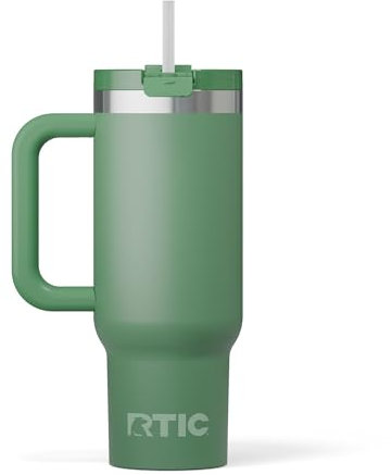 RTIC 30 oz Road Trip Tumbler Double-Walled Ceramic Lined InsulatedStainless Steel Portable Travel Coffee Mug Cup with Lid, Handle and Straw, Sage